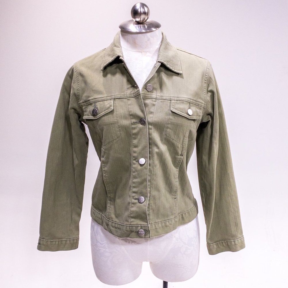 Vintage 90s Y2K Anthropologie S Cotton Jean Jacket Light Green Tan Grey - Picture 13 of 14